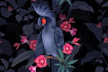 Fototapety  Black cockatoo on branches of tropical tree. Seamless pattern.