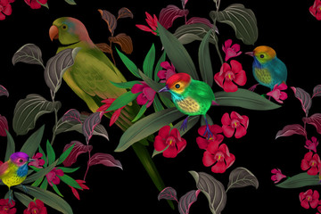 Fototapety  Egzotyczne ptaki, papuga na gałęziach tropikalnego drzewa. Kwiatowy wzór.