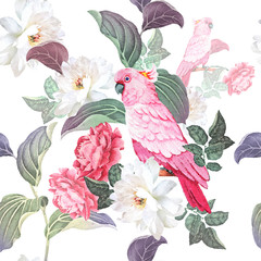 Exotic watercolor seamless pattern. Roses, peonies and pink parrot.