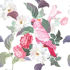 Fotobehang Papegaai Exotische aquarel naadloze patroon. Rozen, pioenrozen en roze papegaai.