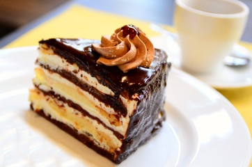 a piece of cake with chocolate and butter cream on a white plate, close-up