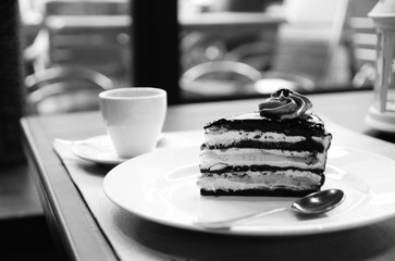 a piece of cake with chocolate and butter cream on a white plate, close-up, black and white photo