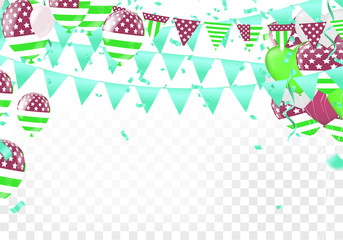 Green balloons with gold flags and confetti, party invitation.