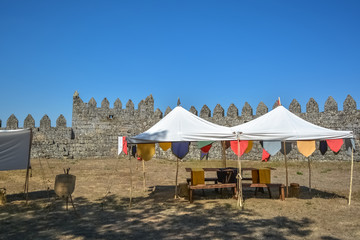 Detailed view at the medieval market inside fortress on the castle of Trancoso, a iconic building on Trancoso city