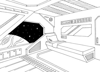Spaceship interior cabin graphic black white sketch illustration vector