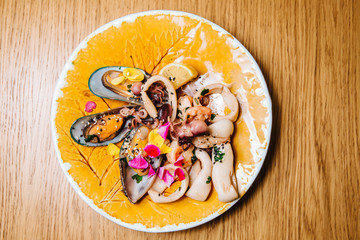 Salad with mussels, squid.