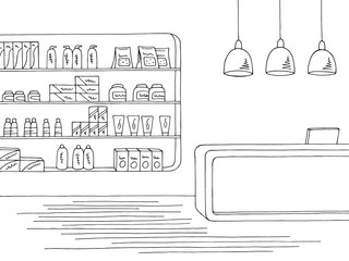 Pharmacy interior graphic store shop black white sketch illustration vector