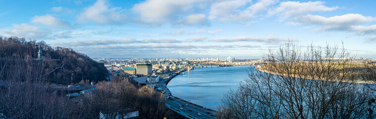 Panoramic view of Podol district and Dnypro river in Kyiv, Ukraine on January 12, 2020. 