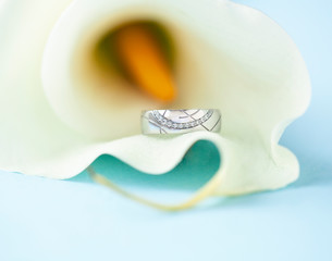 beautiful macro shot of golden wedding ring with some stuff on colored background, big flower lily