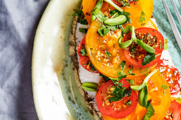 Toast with cheese and tomato slices on plate, top view. Vegetarian food concept.