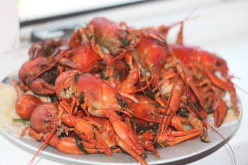 Boiled crayfish. Sea delicacies. Spiny lobsters and crustaceans.