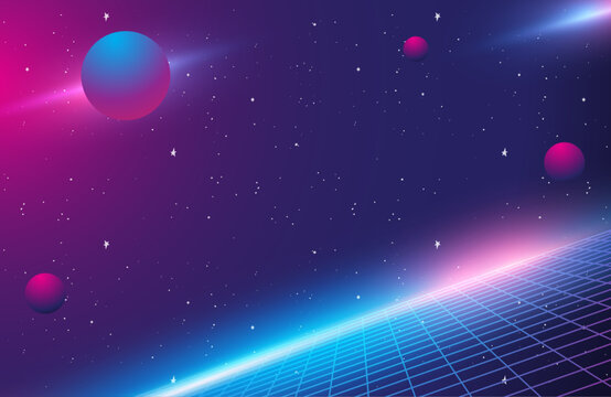 80s Retro Sci-Fi Background, Retro Futuristic Grid landscape of the 80`s.  Digital Cyber Surface. Suitable for design in the style of the 1980`s Vector illustration