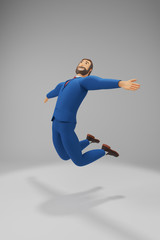 Fototapeta na wymiar Cartoon character, businessman in suit rejoices and bounces. Concept success in a startup. 3d rendering