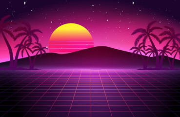 Fototapeta na wymiar 80s Retro Sci-Fi Background, Retro Futuristic Grid landscape of the 80`s. Digital Cyber Surface. Suitable for design in the style of the 1980`s Vector illustration
