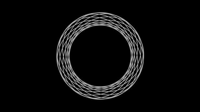 Graphic object in the shape of a crown, in black and white with stroboscopic and hypnotic effect, which rotates clockwise, decreasing the size from the full screen to the disappearance in the center.