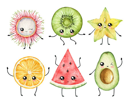 Watercolor vector cartoon fruit slices in the style of kawaii.