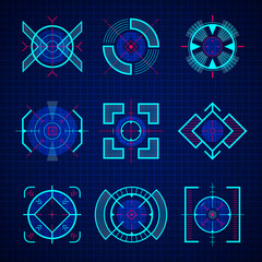 Optical aim. Uix of sniper guns game weapon focuses futuristic technology vector set hud style. Sniper cross aiming, shot weapon interface game illustration