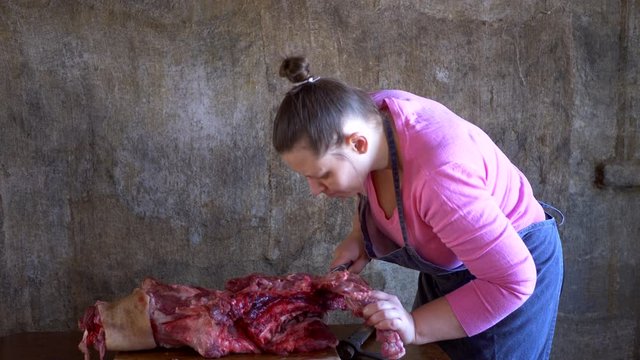 large piece of pork leg with ribs and tenderloin lies on cutting table on gray background. Meat grinder and plate of minced meat