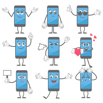 Cartoon smartphone. Mobile telephone mascot action poses with hands and legs in boots tablet character vector picture. Smartphone gadget communication with face, hands and legs illustration