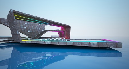Abstract architectural concrete and rusted metal of a modern villa with colored neon lighting. 3D illustration and rendering.
