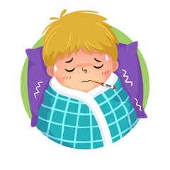 Vector illustration of cartoon boy having cold and fever with a thermometer in his mouth in bed at home. Health Problems concept.