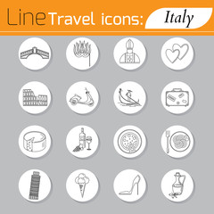 Travel - web line icon set. Attractions, food and culture of Italy.