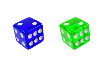 Two colors of dice: blue and green. Dice closeup isolated on white.