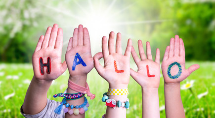 Children Hands Building Colorful German Word Hallo Means Hello. Green Grass Meadow As Background