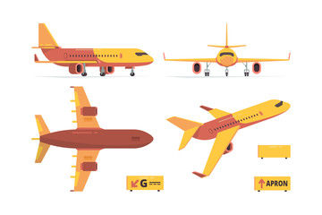 Aircraft flat. Civil aviation planes different views fly symbols vector collection. Illustration aviation, airplane and aircraft © ONYXprj