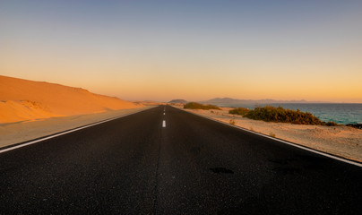Fototapeta na wymiar asphalt road running across the desert on the ocean shore at sunrise