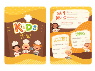Kids menu. Childrens cooking food little chef restaurant eating menu for little happy peoples vector cartoon template. Uniform chef children, childish menu restaurant illustration