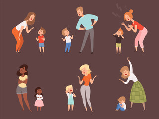 Scold children. Kids crying parents father and mother sad expression reaction vector cartoon characters. Naughty kids and discipline, child emotion illustration