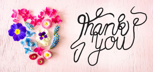 Wooden Background With English Calligraphy Thank You. Colorful Spring Flower Blossoms Heart
