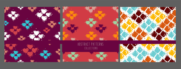 hand drawn painted seamless geometric patterns set with hearts. Vector illustration, Abstract background. Design concept for valentine day, fabric design, textile print, wrapping paper