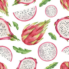 Watercolor vector seamless dragon fruit pattern on a white background.