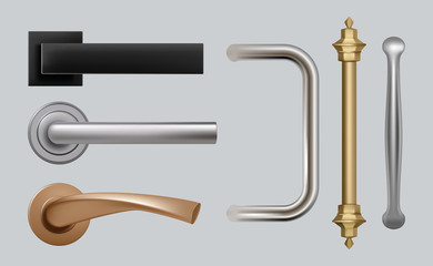 Doors handles. Modern detailed high quality vector pictures steel metal handles for furniture. Handle door collection realistic, classical detailed illustration