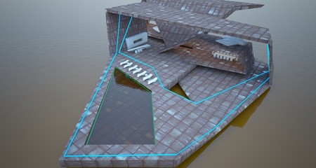 Abstract architectural concrete and rusted metal of a modern villa with colored neon lighting. 3D illustration and rendering.