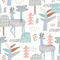 Childish seamless pattern with deer in the forest . Vector background for children. Scandinavian style. Vector illustration.