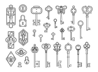 Vintage locks and keys. Sketch keyhole, victorian style padlock. Medieval or antique door hole, old decor security elements vector collection. Illustration lock and key, keyhole antique sketch