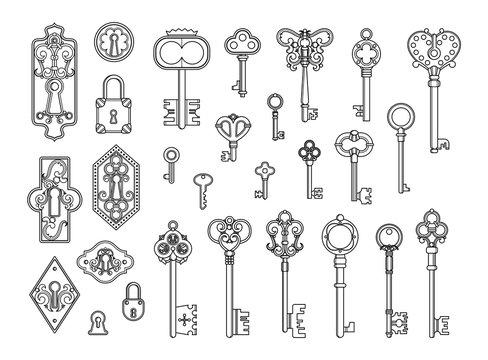 Vintage Keys Vector Isolated Icons Sketch Set, Vectors