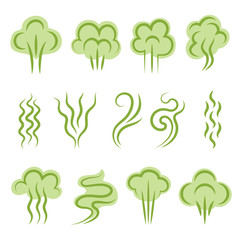 Smell symbols. Aromas steam lines clouds vapour shapes scent odour vector graphic set. Illustration odor and smell, cloud green scent - obrazy, fototapety, plakaty