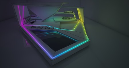 Abstract drawing architectural white interior of a minimalist house with colored neon lighting. 3D illustration and rendering.