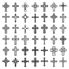 Religion cross symbols. Christians catholicism icons tribal vector collection peace jesus pictures. Cross spirituality, catholicism believe, christianity religious illustration