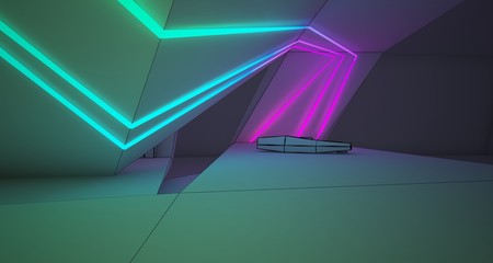 Abstract drawing architectural white interior of a minimalist house with colored neon lighting. 3D illustration and rendering.