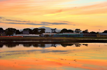 夕焼けで茜色に染まる寒川田園風景