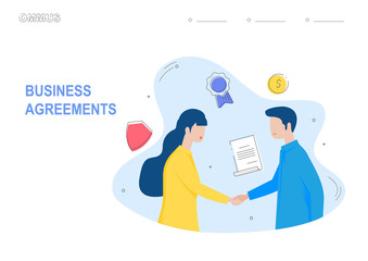 Business agreements concept vector illustration with man and woman hand shake, can be used for landing page template, web banner, ui, mobile app, poster and flyer