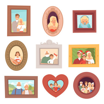Family portraits. Photos of kids and parents mother father and grandparents happy smile faces vector collection set. Father and mother, grandparents photo portrait illustration