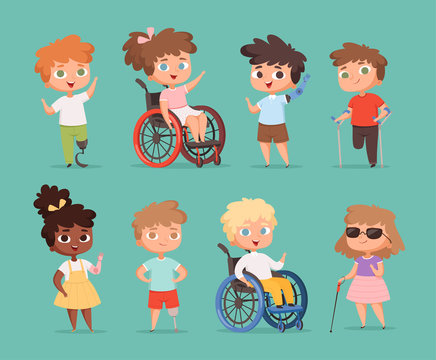 Disability children. Kids sitting in wheelchairs handicapped little persons in school vector cartoon illustrations. Disability kids friendship, child young kid