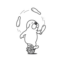 Funny Pug riding unicycle bike and juggling pins. Vector illustration for a coloring book.