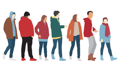 Obraz premium Silhouettes of men and women in outerwear, different colors, cartoon character, group of standing and waiking business people, flat icon design concept isolated on white backgroundPrint
